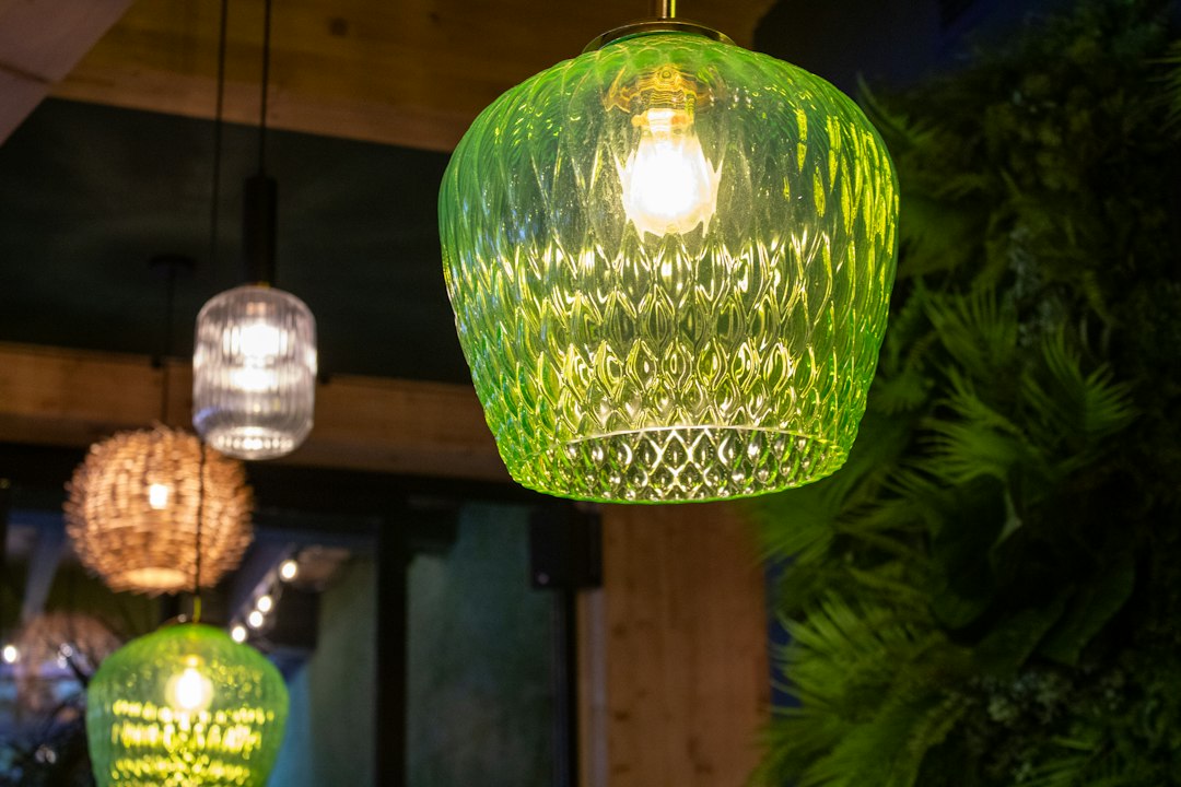 Photo energy efficient ribbed glass globe pendant light